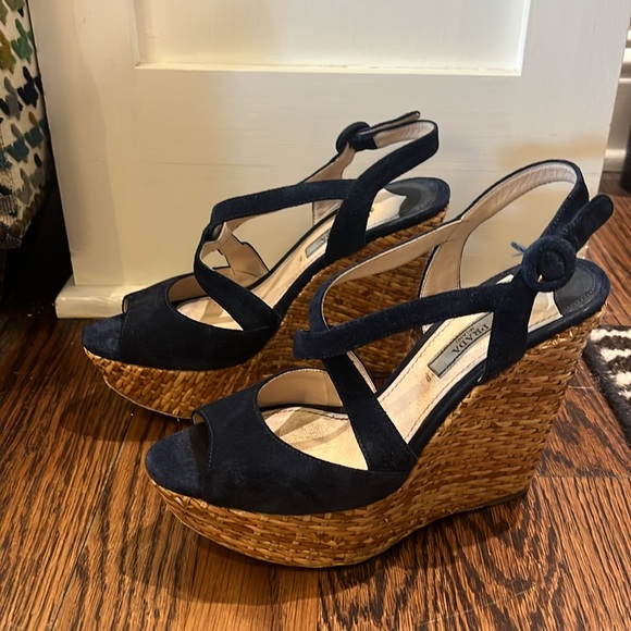 Prada Navy Suede Wicker Wedge Sandal - Picture 3 of 12